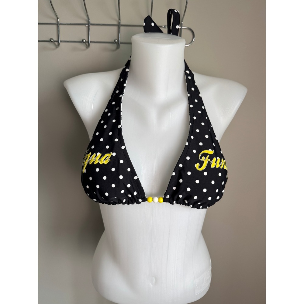 Aqua Funky Polka Dot Halter Bikini Top Large Retro Pinup Beachwear Black White